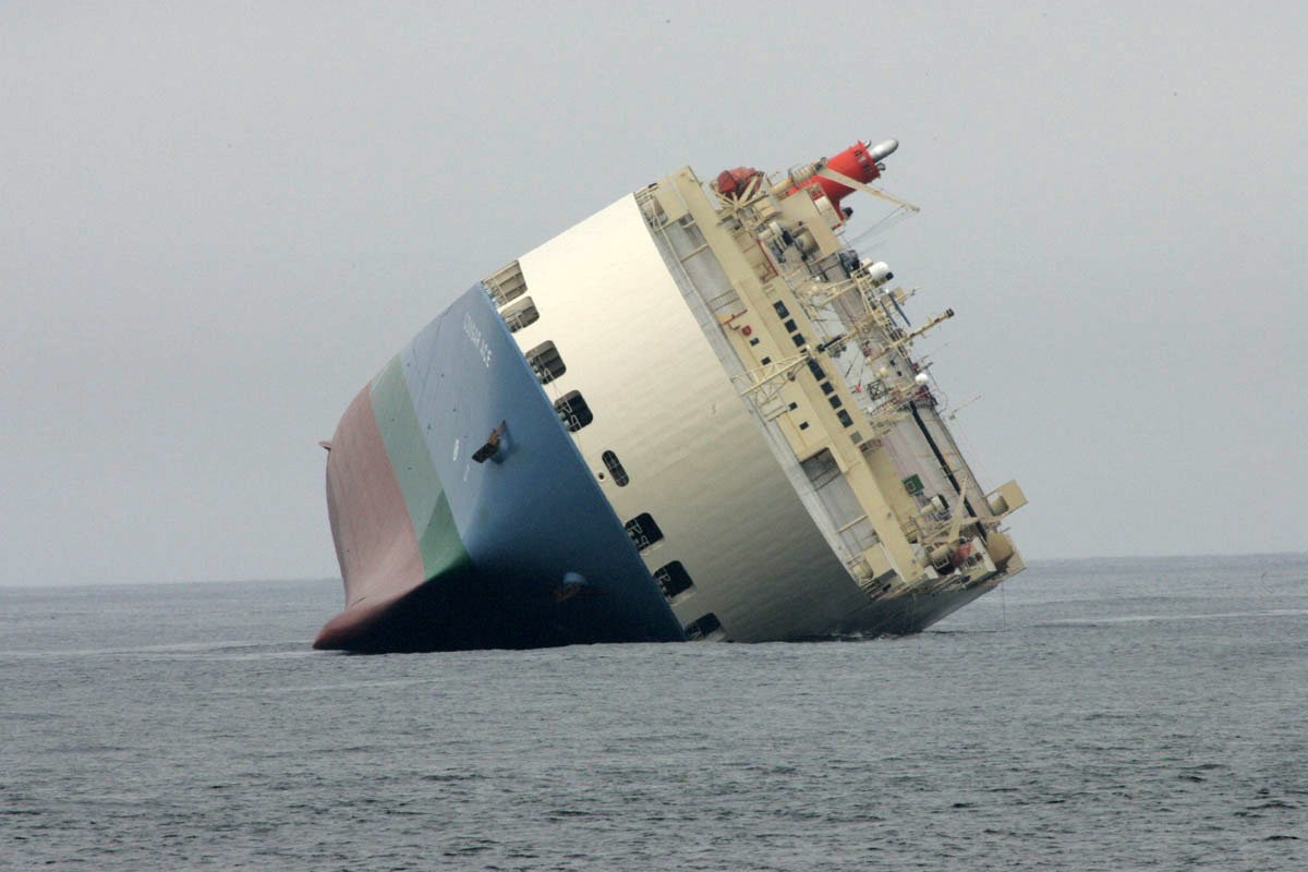 Cougar Ace , capsized, view from bow