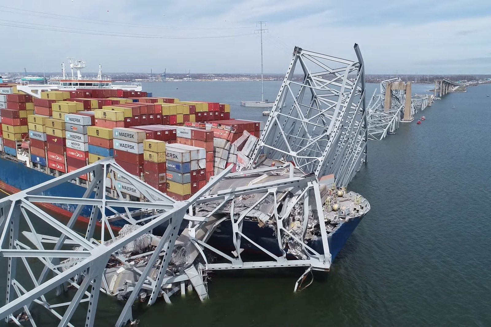 NTSB drone image of Francis Scott Key Bridge and Cargo Ship Dali