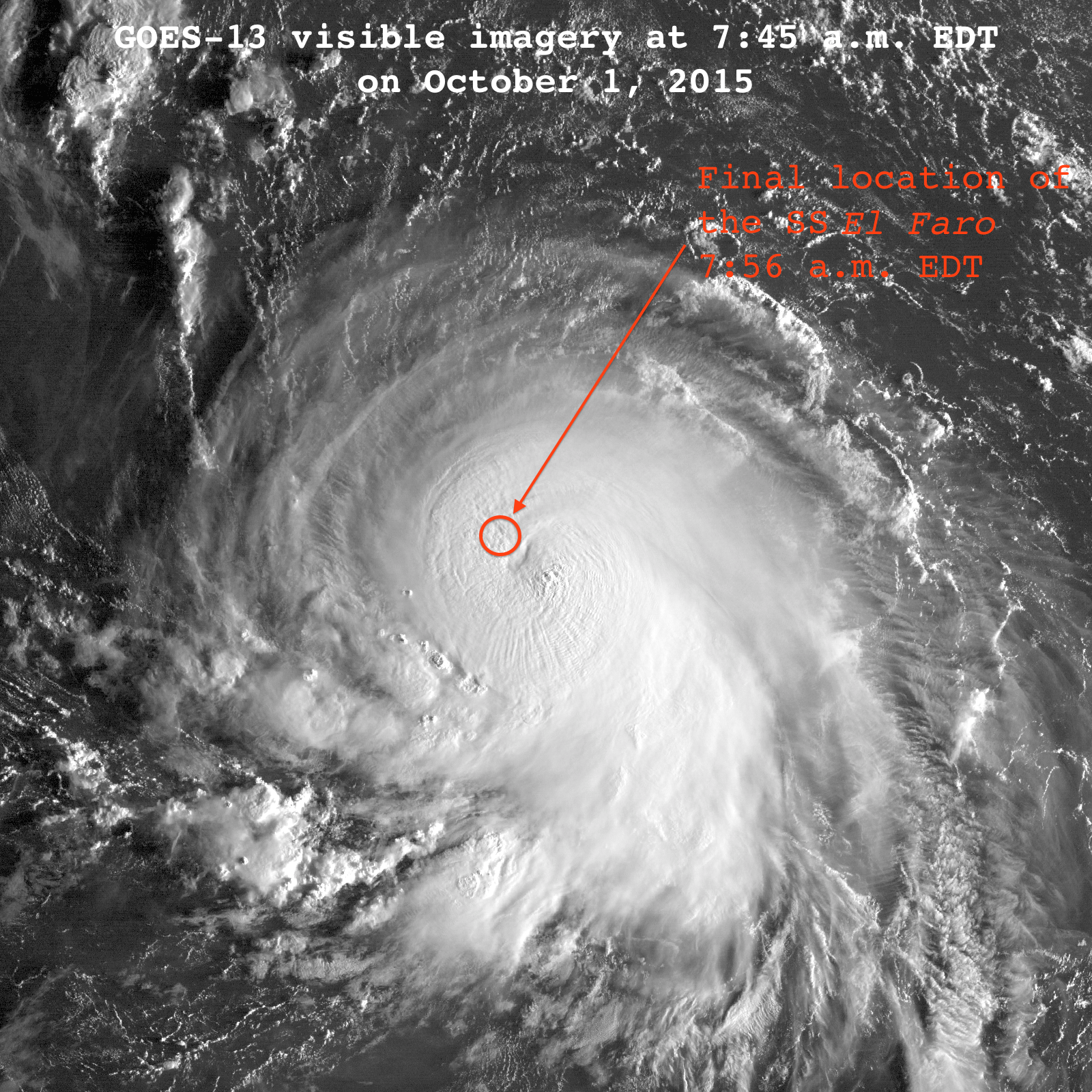 Visible satellite imagery of Hurricane Joaquin at 11:45 UTC October 1, 2015. The SS El Faro was lost in the hurricane around this time, with its final position reported in the northwestern eyewall. Image is slightly modified from original to include annotations. Approximate location of the SS El Faro was obtained from Reuters via WUnderground .