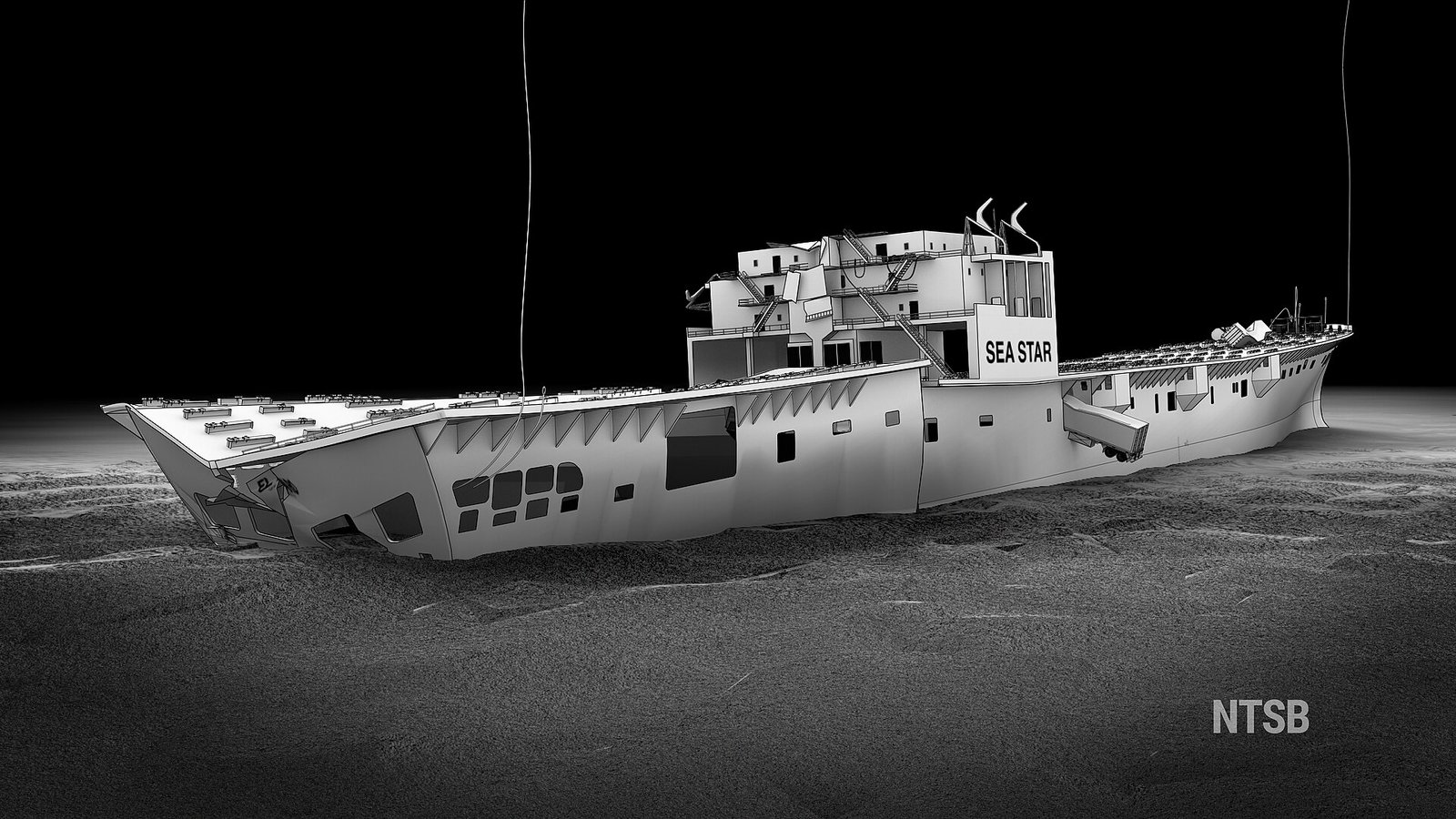 An accurately-scaled, computer-generated illustration of El Faro’s main hull as it rests on the ocean bottom, viewed from the starboard quarter. The hull is largely intact. The ship’s house is missing the bridge deck and the deck below it, as well as the main mast and exhaust stack. (Flooding of Cargo Holds presentation)