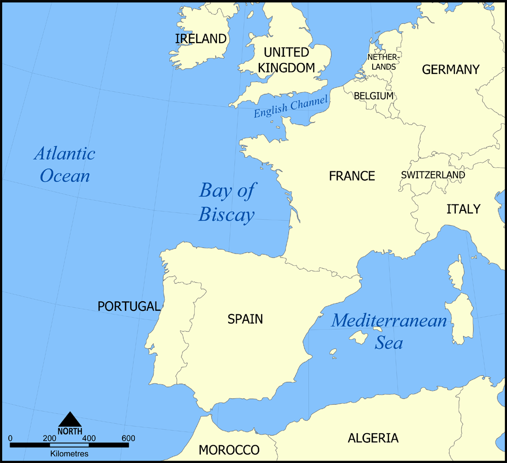 A map showing the location of the Bay of Biscay — in the North Atlantic Ocean bordering on France and Spain. Created by NormanEinstein, November 7, 2005