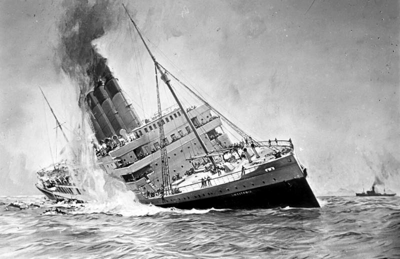 For documentary purposes the German Federal Archive often retained the original image captions , which may be erroneous, biased, obsolete or politically extreme . Untergang der "Lusitania" Versenkung des Passagierdampfers "RMS Lusitania" am 7.05.1915 durch das deutsche U-Boot U 20.- Gemälde