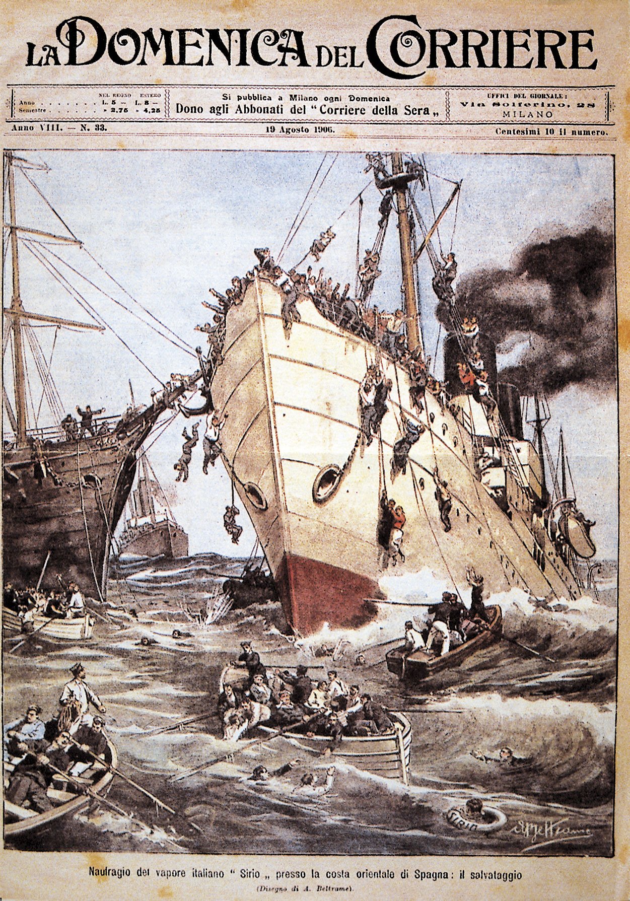 Naufragio del vapor italiano «Sirio» en la costa oriental de España: el rescate (Diseño de A. Beltrame).