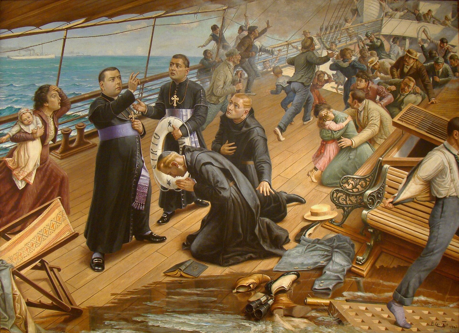 Benedito Calixto: Wreckage of the Sirio , 1907, oil on canvas; on the sinking ship, a bishop blesses two kneeling Benedictines (Boniface Natter - bent forward, with zucchetto - and Anscar Vonier).