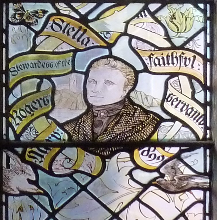 One of a set of windows on the staircase leading to the Lady Chapel in Liverpool Anglican cathedral. They commemorate the lives of 'noble women', who have made some significant contribution to the world in the service of others. The windows combine portraits of well-known heroines like Grace Darling, shown here but also honour more obscure women, who may only have been known locally or in their own time. These include, in this particular window, Mary Rogers, a stewardess who made a personal sacrifice during a shipwreck in 1899, Kitty Wilkinson, a local laundress, who set up an early wash house in Liverpool in 1842 and Agnes Jones, the first trained nurse at the local workhouse infirmary, who looked after the sick and the poor of Liverpool and herself died of typhus, caught during her nursing duties.
