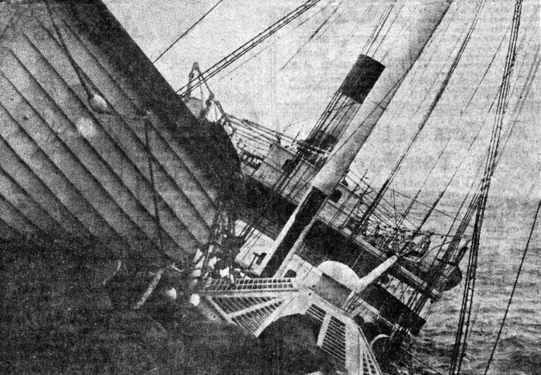 photo shows the ill-fated Vestris desperately battling the angry seas before it succumbed to its watery grave, listing to port so badly that part of the upper deck was awash. This dramatic picture of the Vestris was taken by a member of the crew, one of the last to take to the lifeboats